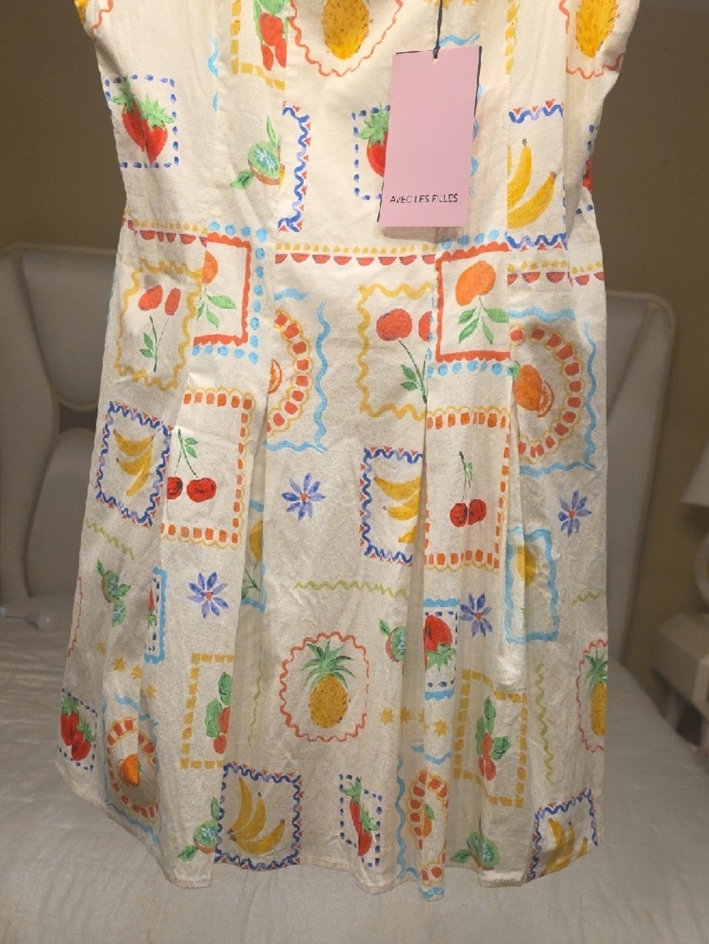 Avec Les Filles White Cotton Fruit-Print Flared Mini Dress Size 14 - Picture 6 of 16